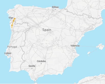 Mapa de localização do projeto de Interligação Portugal-Espanha na Península Ibérica 